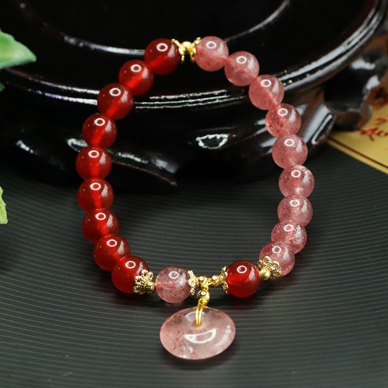 Strawberry Quartz and Red Agate Ping An Kou Beaded Energy Bracelet
