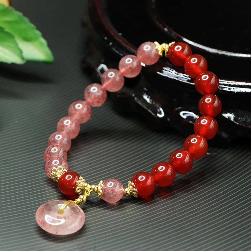 Strawberry Quartz and Red Agate Ping An Kou Beaded Energy Bracelet