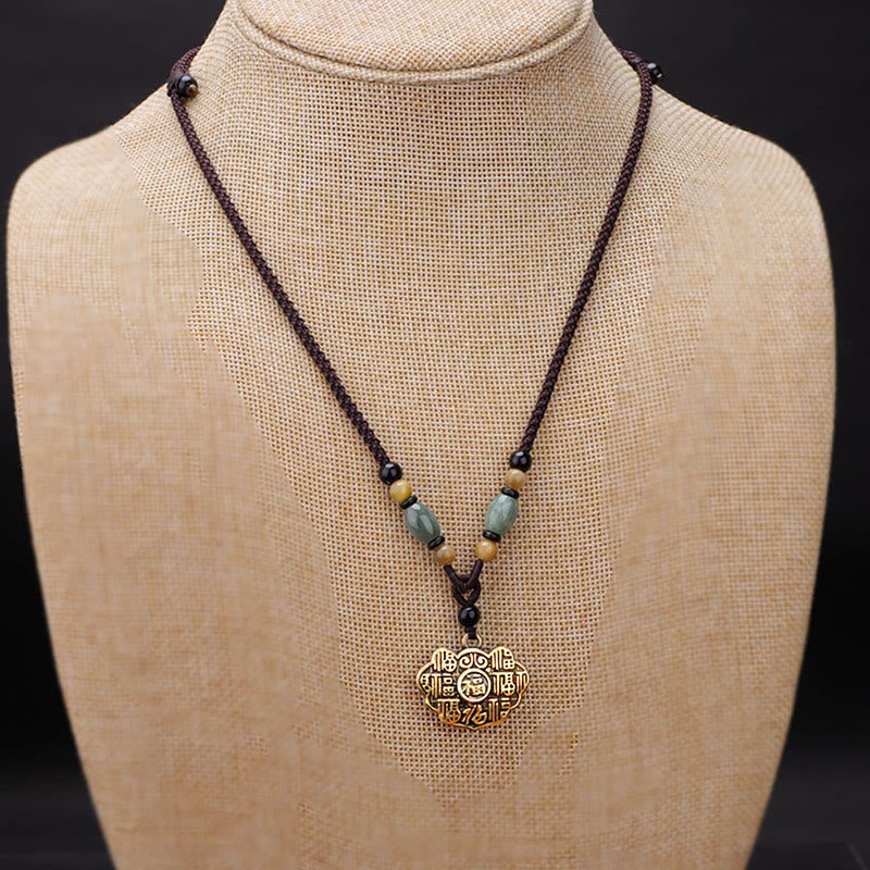 Copper Brass Fu Character Luck Fortune Rope Necklace Pendant