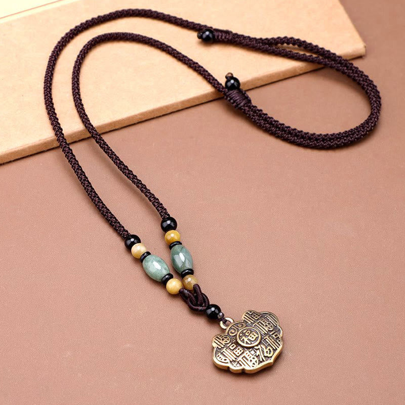 Copper Brass Fu Character Luck Fortune Rope Necklace Pendant