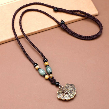 Copper Brass Fu Character Luck Fortune Rope Necklace Pendant