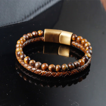 Multi-layer Woven Leather and Tiger Eye Stone Bead Bracelet with Titanium Steel Buckle