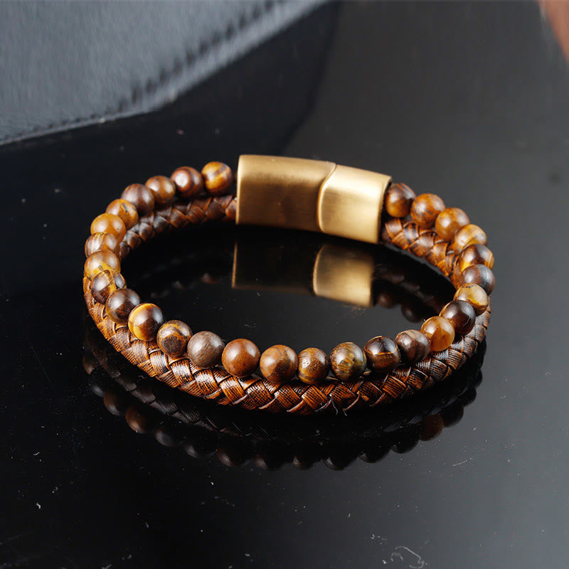 Multi-layer Woven Leather and Tiger Eye Stone Bead Bracelet with Titanium Steel Buckle