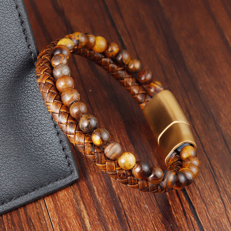 Multi-layer Woven Leather and Tiger Eye Stone Bead Bracelet with Titanium Steel Buckle