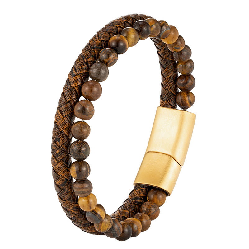 Multi-layer Woven Leather and Tiger Eye Stone Bead Bracelet with Titanium Steel Buckle