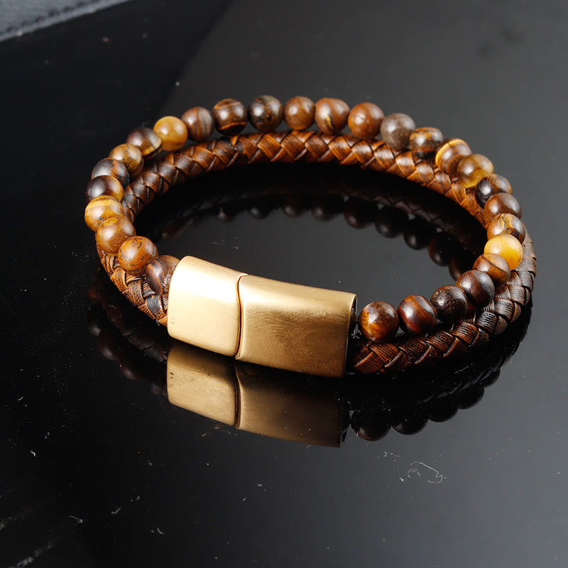 Multi-layer Woven Leather and Tiger Eye Stone Bead Bracelet with Titanium Steel Buckle