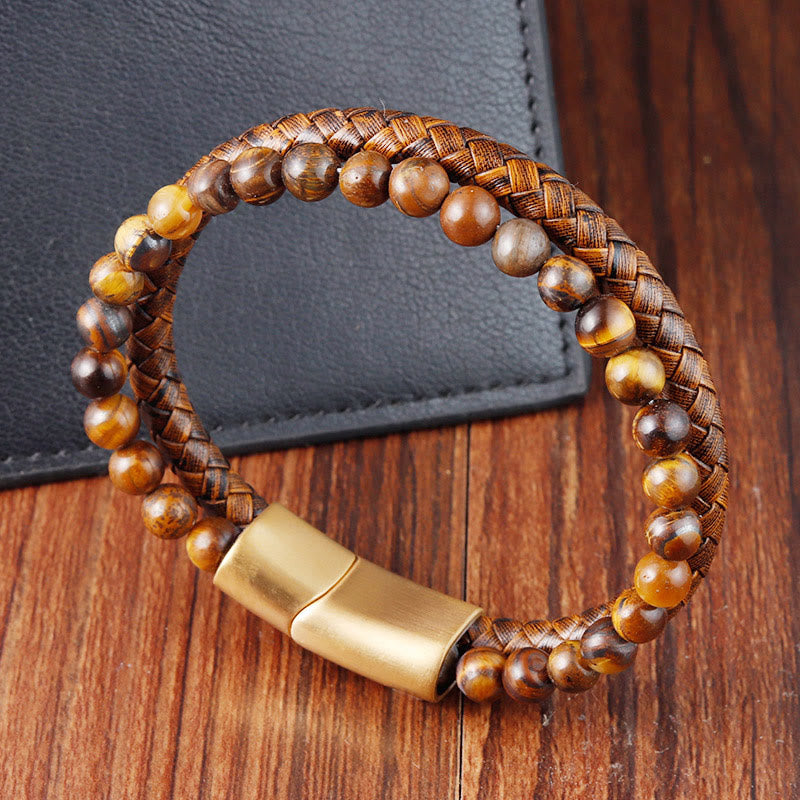 Multi-layer Woven Leather and Tiger Eye Stone Bead Bracelet with Titanium Steel Buckle