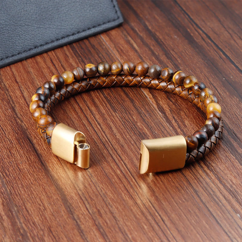 Multi-layer Woven Leather and Tiger Eye Stone Bead Bracelet with Titanium Steel Buckle