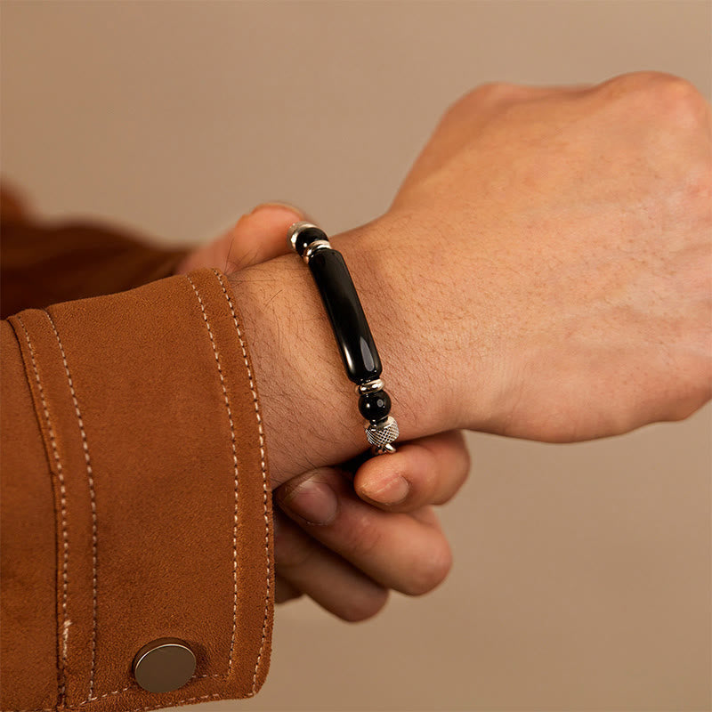 Tiger Eye Black Obsidian Stone Titanium Steel Strength Buckle Bracelet