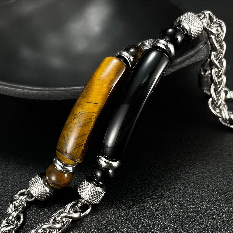 Tiger Eye Black Obsidian Stone Titanium Steel Strength Buckle Bracelet