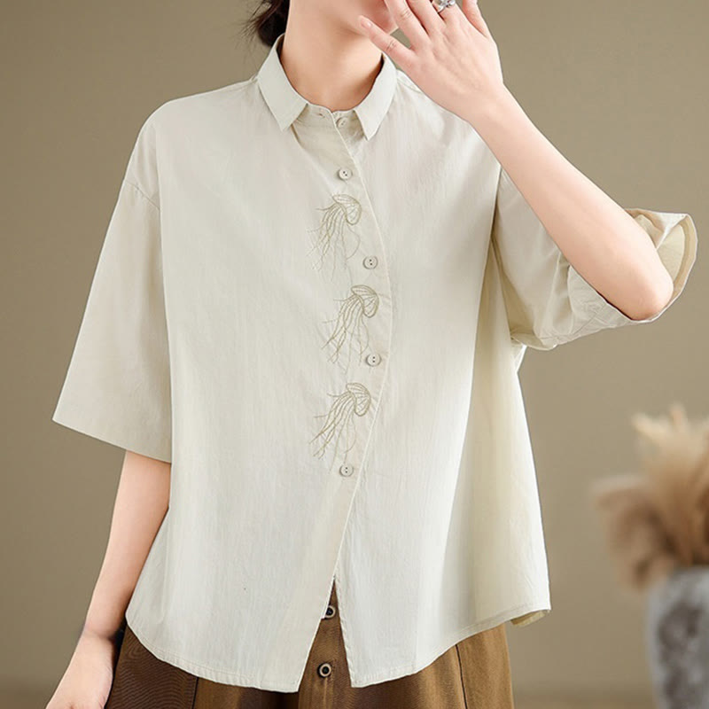 Breathable Cotton Stand Collar Embroidered Mindful Shirt