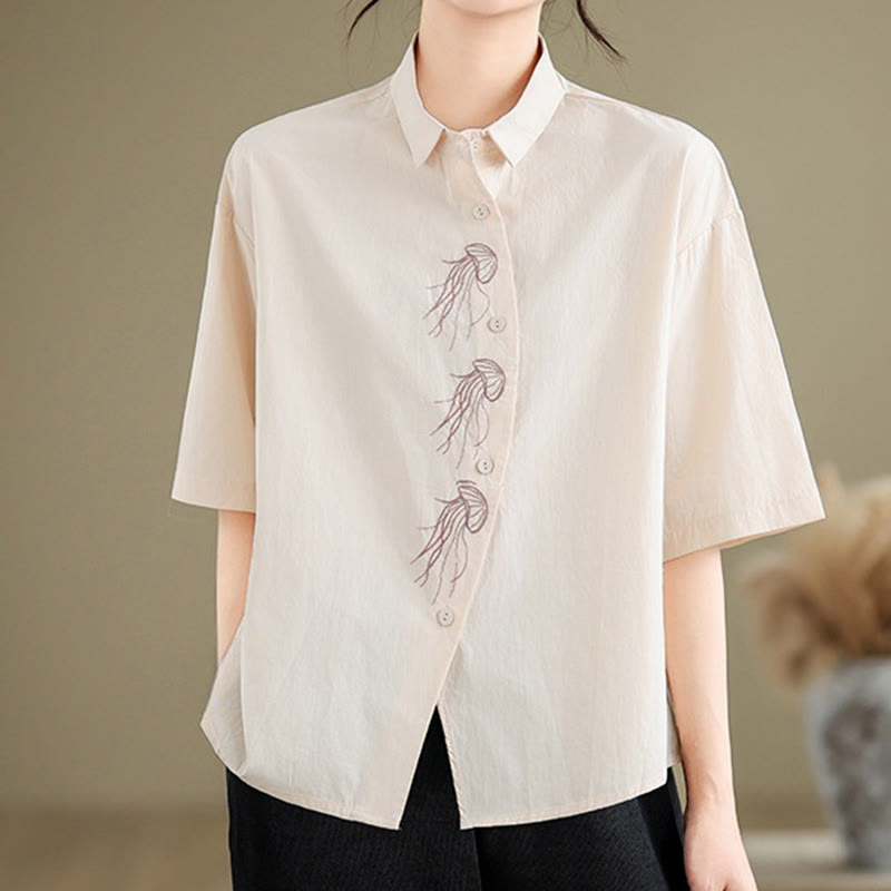 Breathable Cotton Stand Collar Embroidered Mindful Shirt