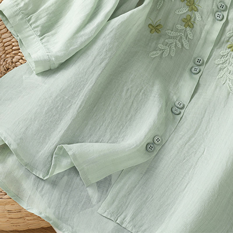 Cotton Blend Stand Collar Botanical Embroidered Mindful Shirt