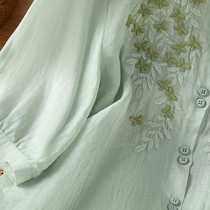 Cotton Blend Stand Collar Botanical Embroidered Mindful Shirt