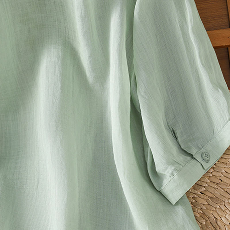 Cotton Blend Stand Collar Botanical Embroidered Mindful Shirt