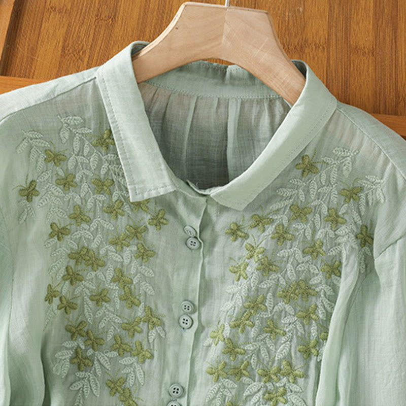 Cotton Blend Stand Collar Botanical Embroidered Mindful Shirt
