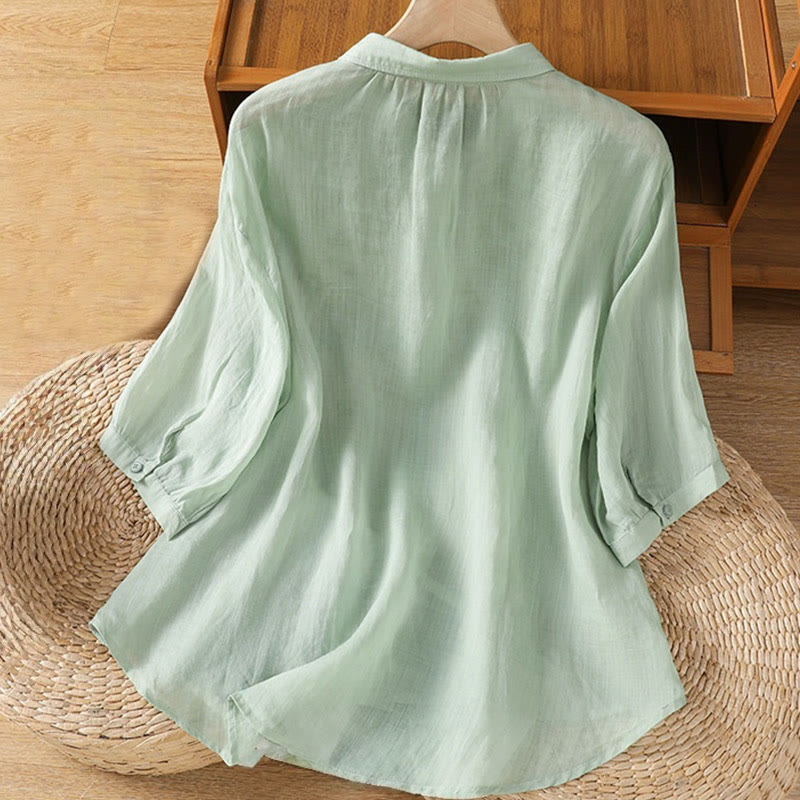 Cotton Blend Stand Collar Botanical Embroidered Mindful Shirt
