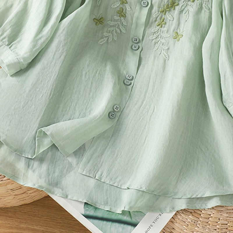Cotton Blend Stand Collar Botanical Embroidered Mindful Shirt