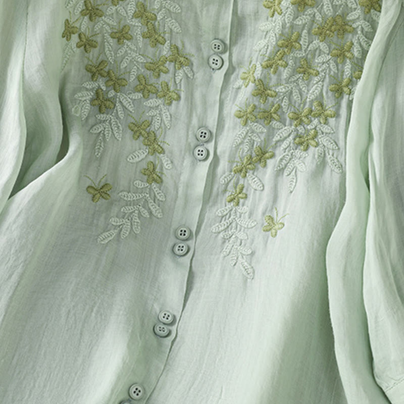 Cotton Blend Stand Collar Botanical Embroidered Mindful Shirt