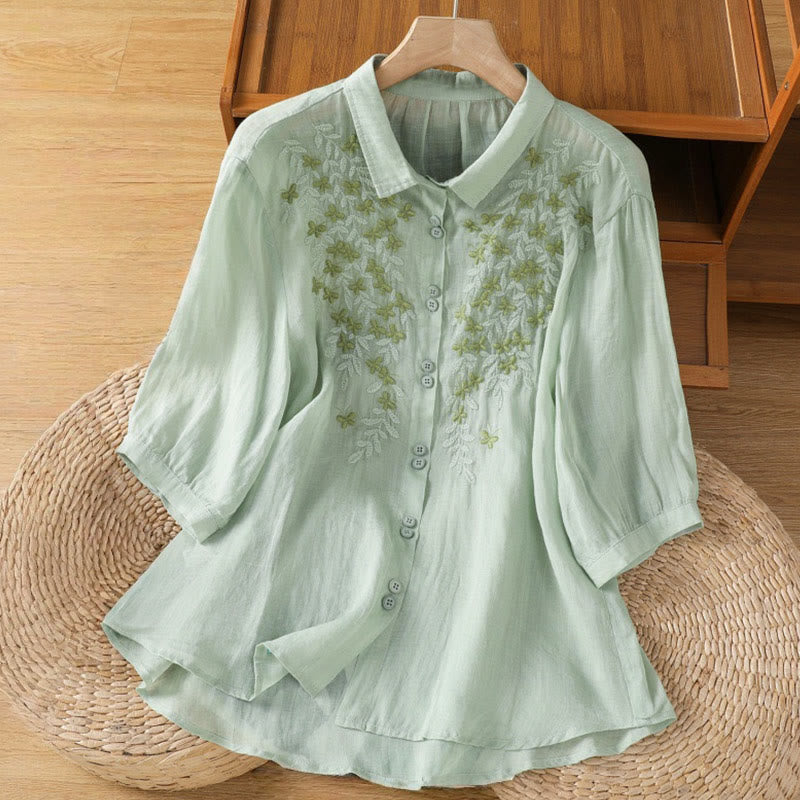 Cotton Blend Stand Collar Botanical Embroidered Mindful Shirt