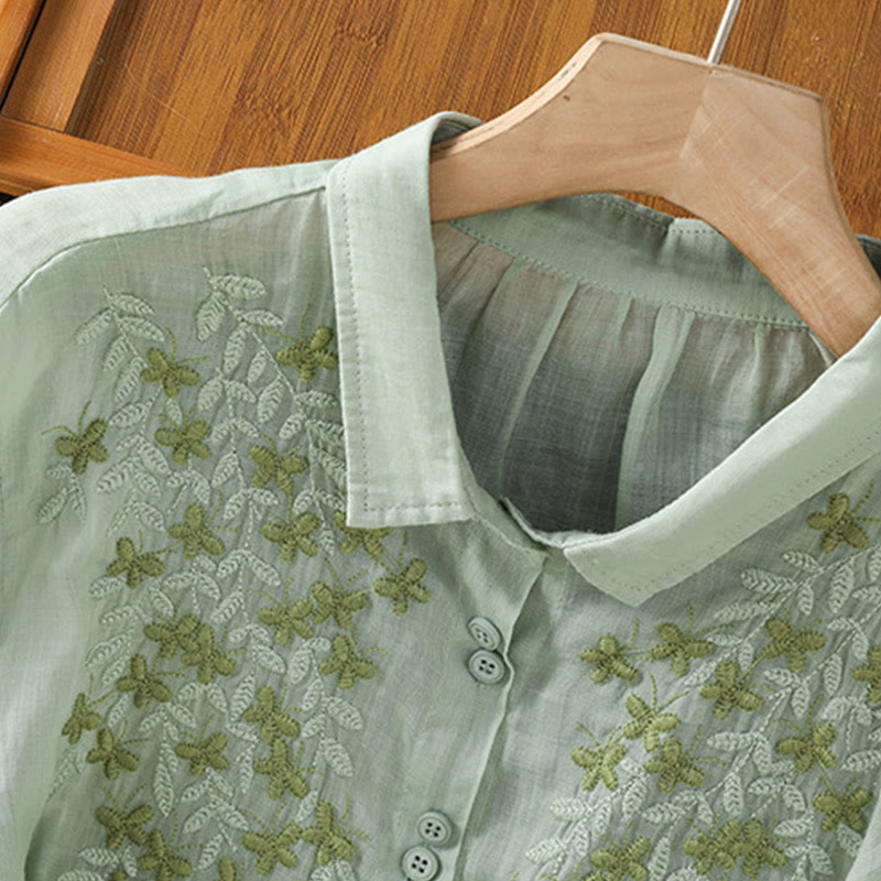 Cotton Blend Stand Collar Botanical Embroidered Mindful Shirt