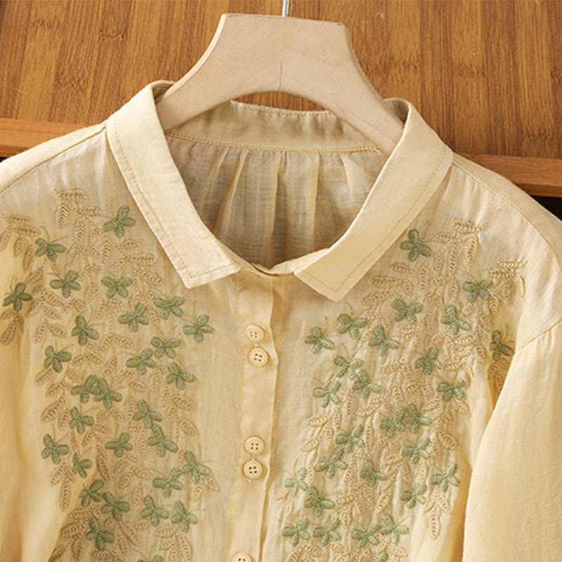 Cotton Blend Stand Collar Botanical Embroidered Mindful Shirt