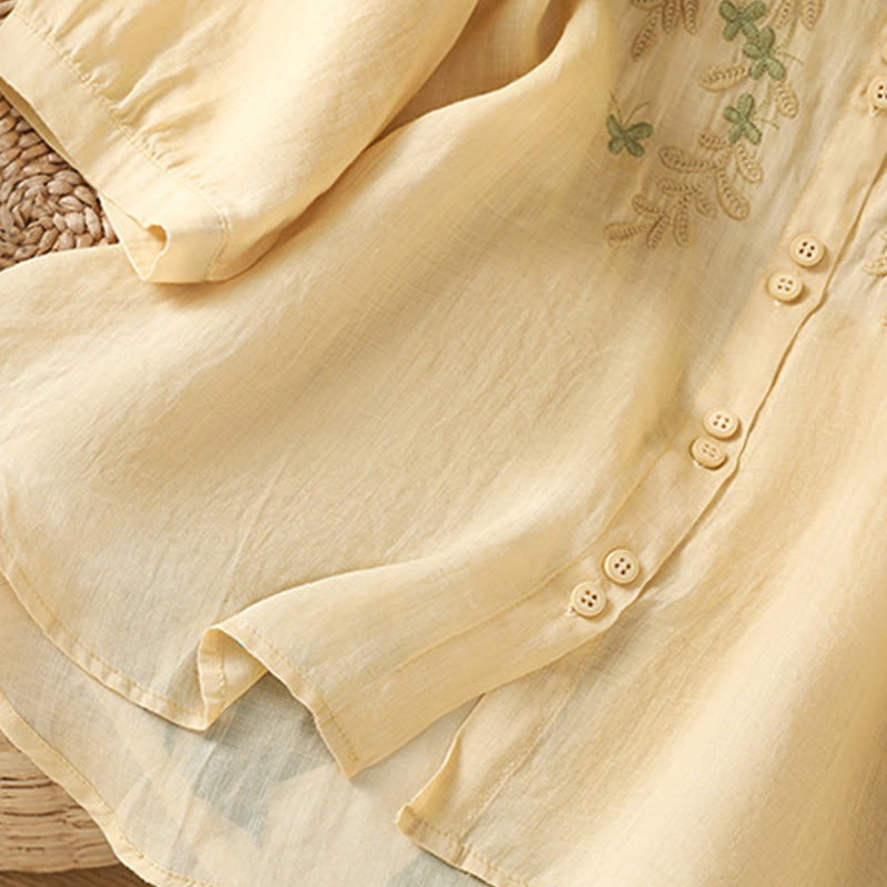Cotton Blend Stand Collar Botanical Embroidered Mindful Shirt