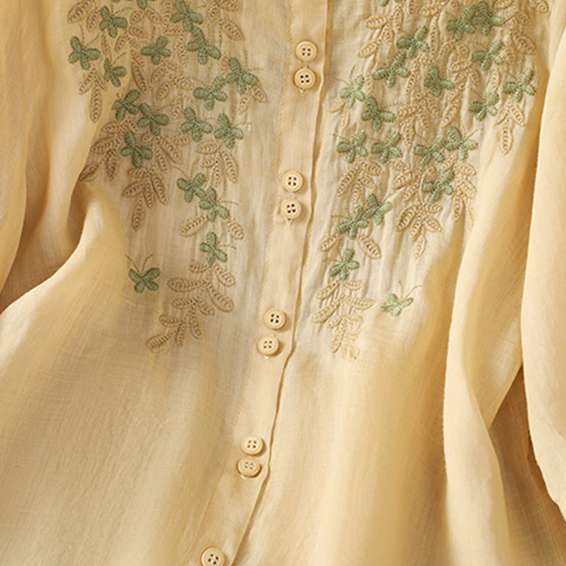 Cotton Blend Stand Collar Botanical Embroidered Mindful Shirt