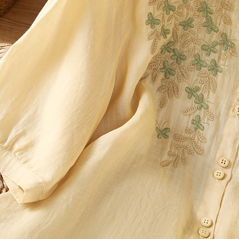 Cotton Blend Stand Collar Botanical Embroidered Mindful Shirt