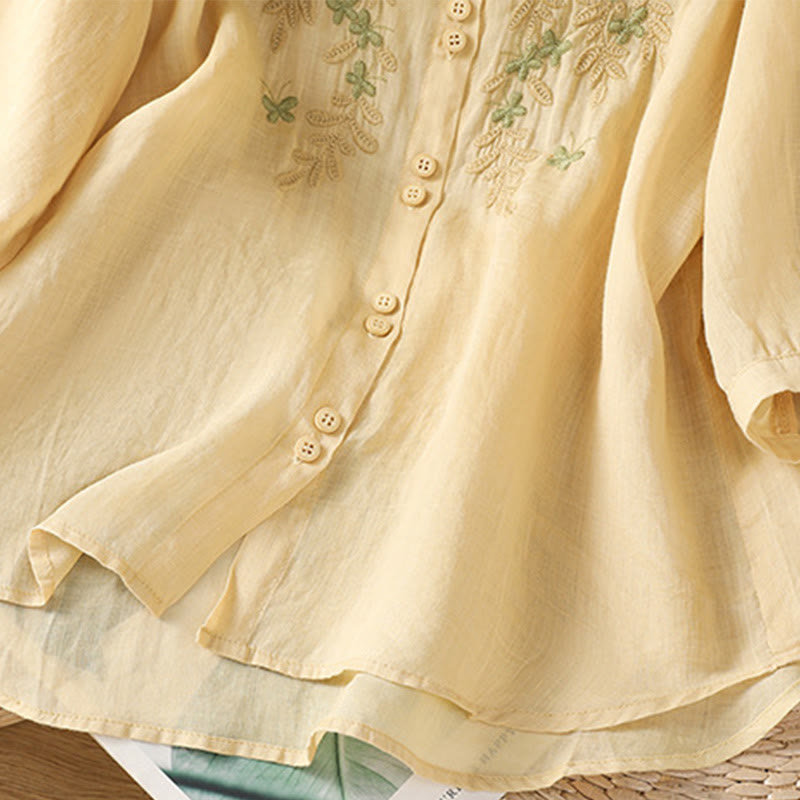 Cotton Blend Stand Collar Botanical Embroidered Mindful Shirt