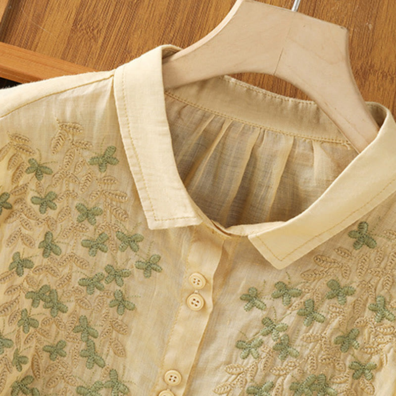Cotton Blend Stand Collar Botanical Embroidered Mindful Shirt