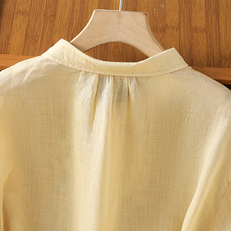Cotton Blend Stand Collar Botanical Embroidered Mindful Shirt