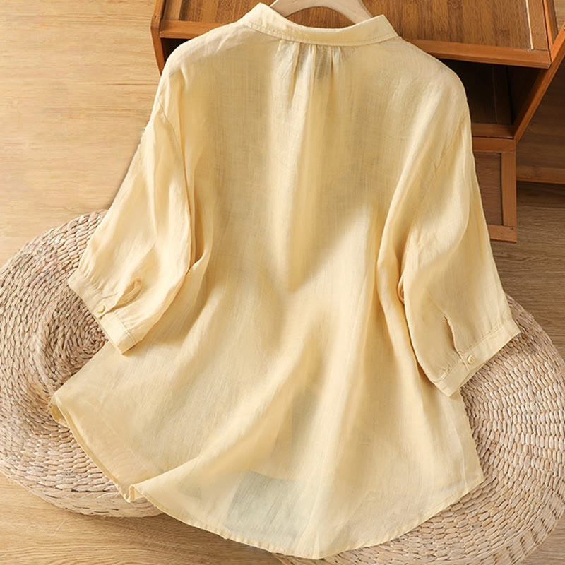 Cotton Blend Stand Collar Botanical Embroidered Mindful Shirt