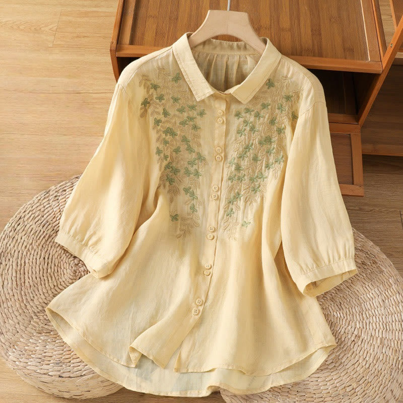 Cotton Blend Stand Collar Botanical Embroidered Mindful Shirt
