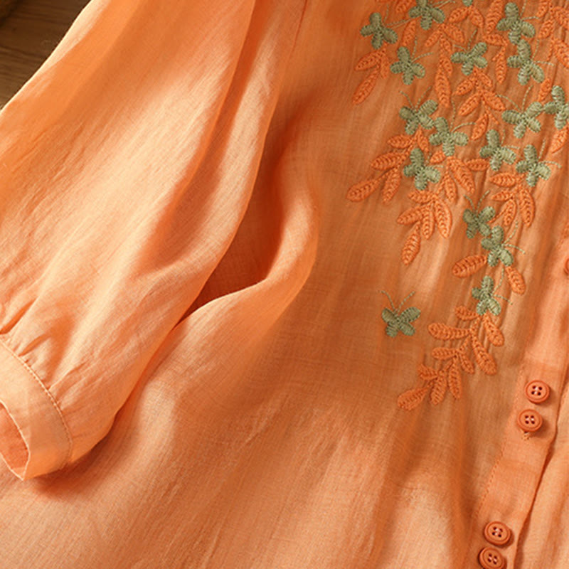 Cotton Blend Stand Collar Botanical Embroidered Mindful Shirt
