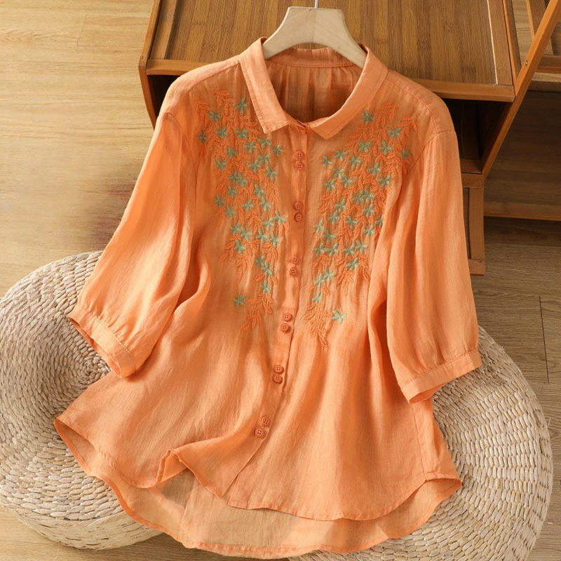 Cotton Blend Stand Collar Botanical Embroidered Mindful Shirt
