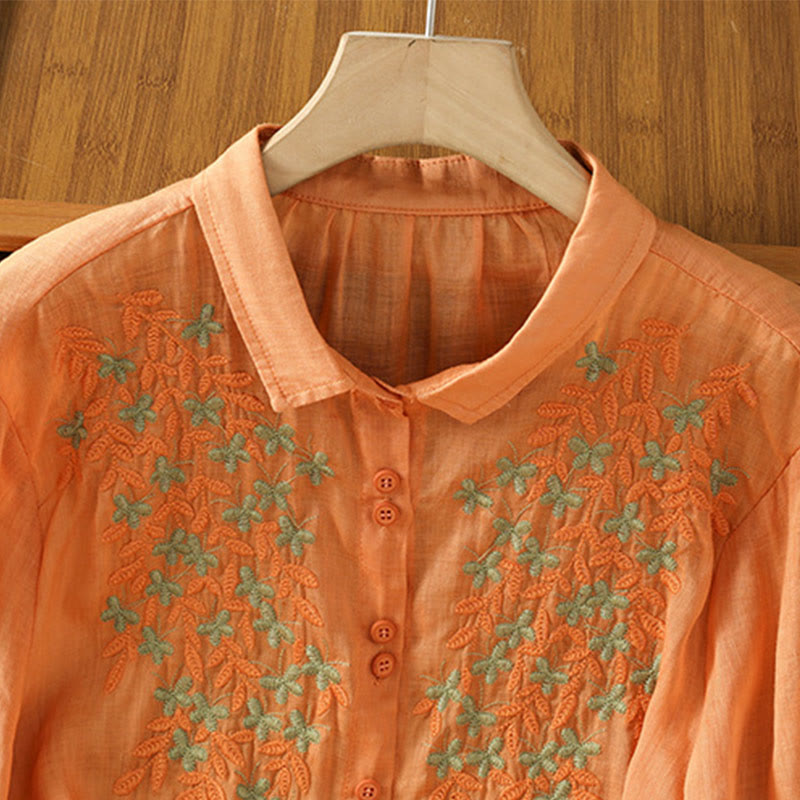 Cotton Blend Stand Collar Botanical Embroidered Mindful Shirt