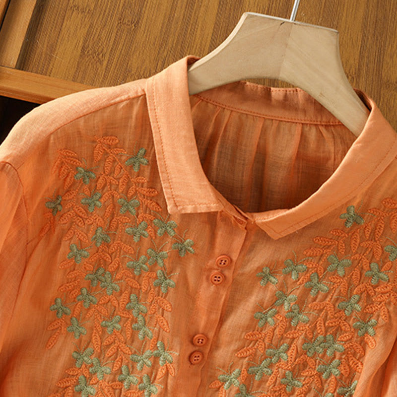 Cotton Blend Stand Collar Botanical Embroidered Mindful Shirt