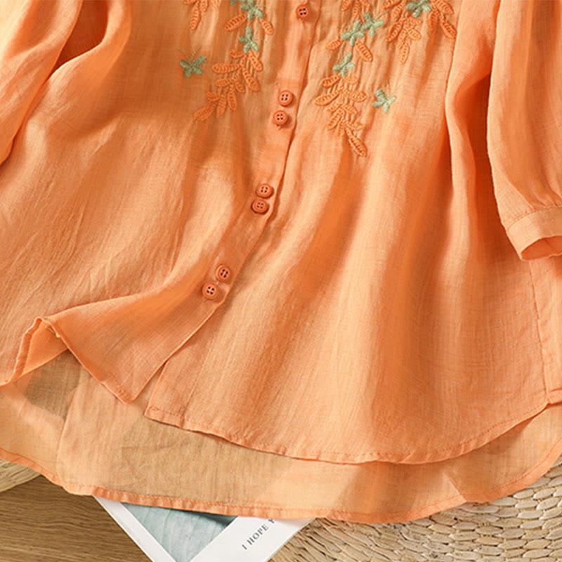 Cotton Blend Stand Collar Botanical Embroidered Mindful Shirt