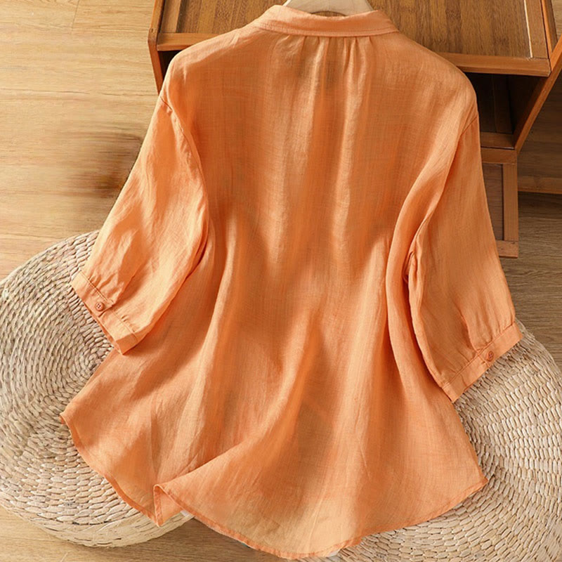 Cotton Blend Stand Collar Botanical Embroidered Mindful Shirt