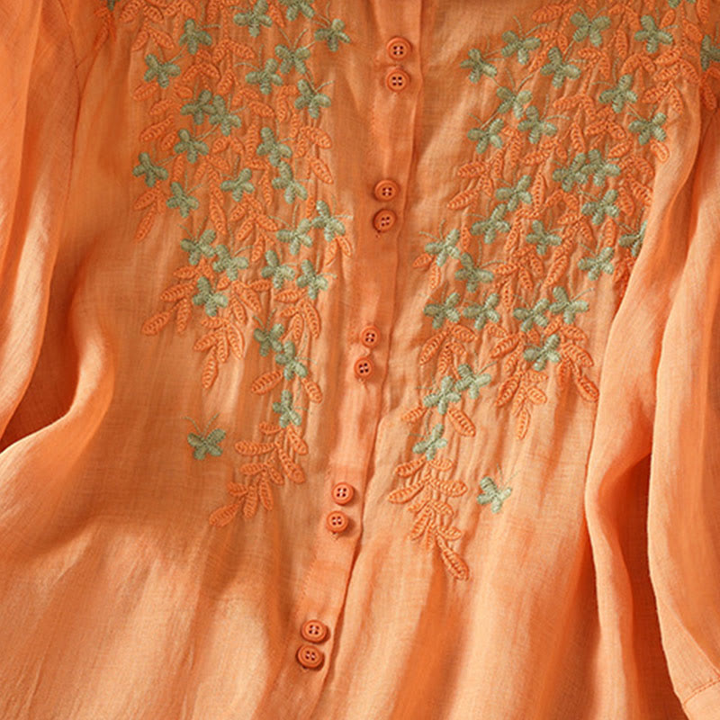 Cotton Blend Stand Collar Botanical Embroidered Mindful Shirt