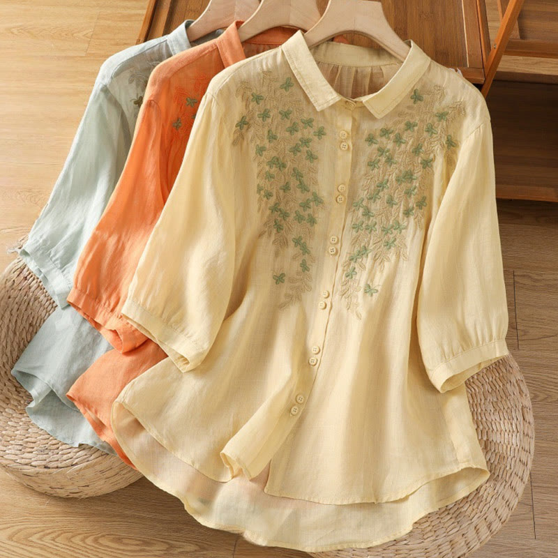 Cotton Blend Stand Collar Botanical Embroidered Mindful Shirt