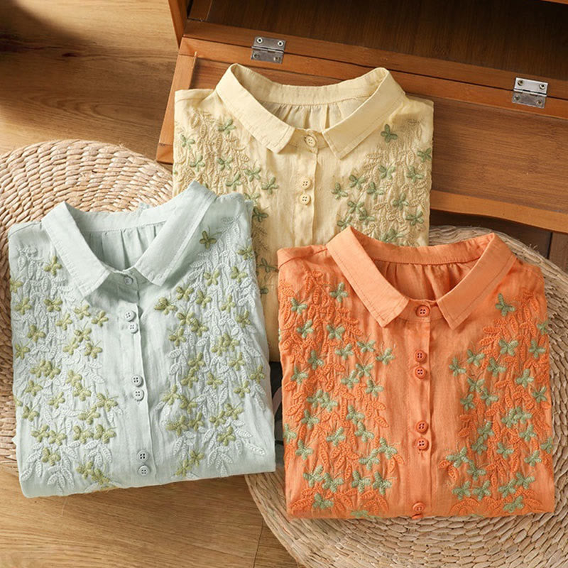 Cotton Blend Stand Collar Botanical Embroidered Mindful Shirt