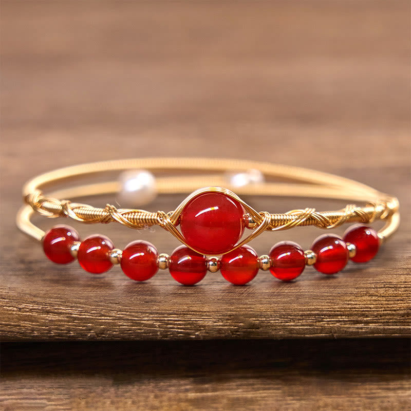 14K Gold Filled Copper & Natural Red Agate Pearl Metal Cuff Bracelet