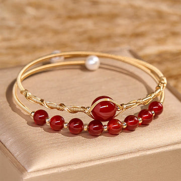 14K Gold Filled Copper & Natural Red Agate Pearl Metal Cuff Bracelet