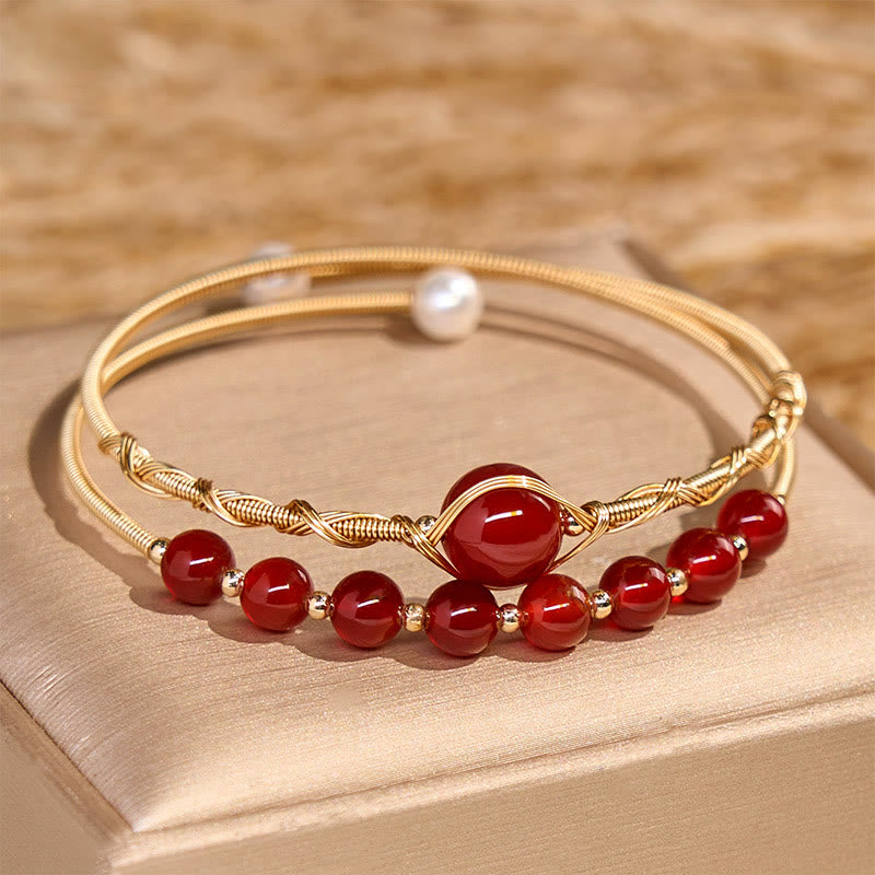 14K Gold Filled Copper & Natural Red Agate Pearl Metal Cuff Bracelet