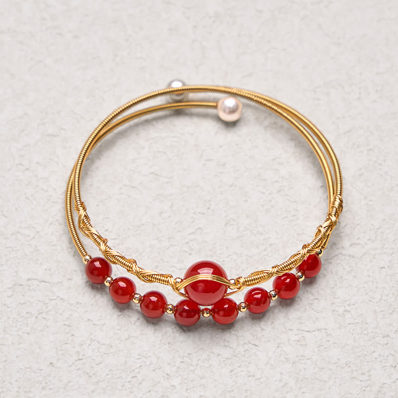14K Gold Filled Copper & Natural Red Agate Pearl Metal Cuff Bracelet