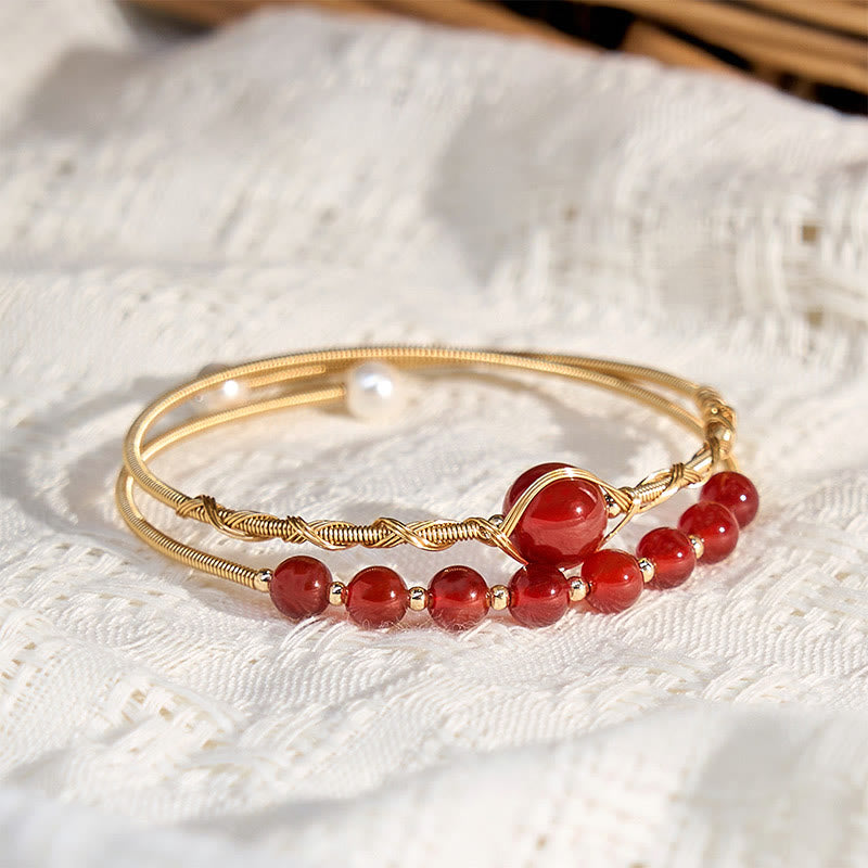 14K Gold Filled Copper & Natural Red Agate Pearl Metal Cuff Bracelet