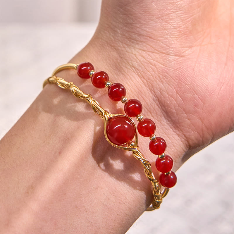 14K Gold Filled Copper & Natural Red Agate Pearl Metal Cuff Bracelet