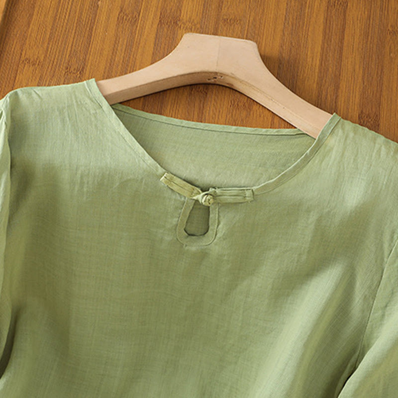 Casual Floral Embroidery Crew Neck Women's Frog-Button Polyester Half Sleeve Shirt